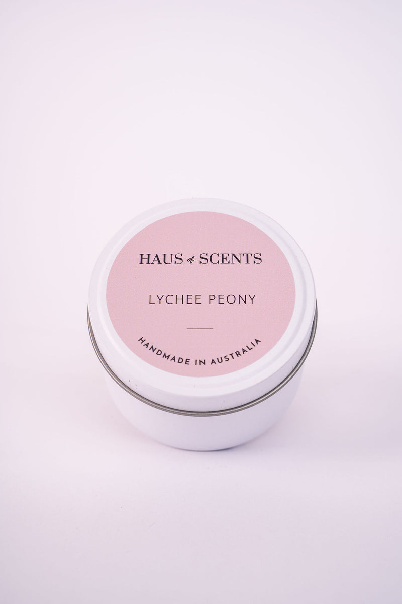 Lychee Peony Scented Natural Soy Candle Tin Haus of Scents